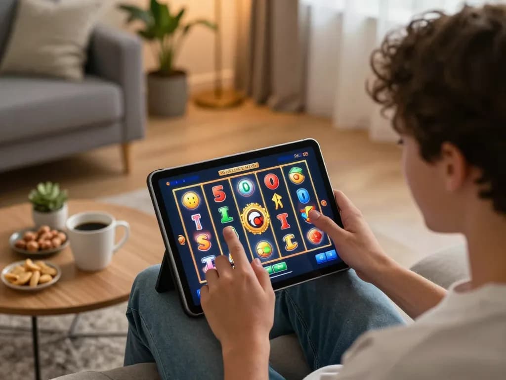 Playing exciting online slots on a tablet, showcasing 888b gaming experience in a cozy home setting