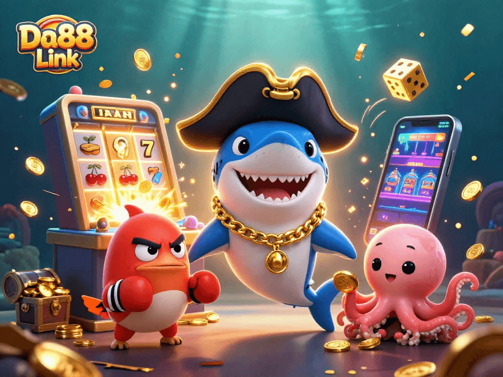 Experience the excitement of gaming at Da88 Link with dynamic characters and vibrant casino elements.
