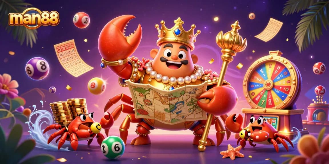 Join the excitement of man88 as the golden crab emperor oversees vibrant casino games and lottery fun.