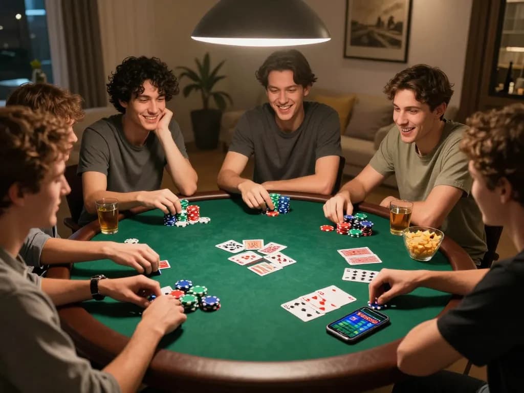 Bermain poker dengan teman sambil memeriksa opsi taruhan rokok88 rtp di smartphone, menikmati malam yang menyenangkan.