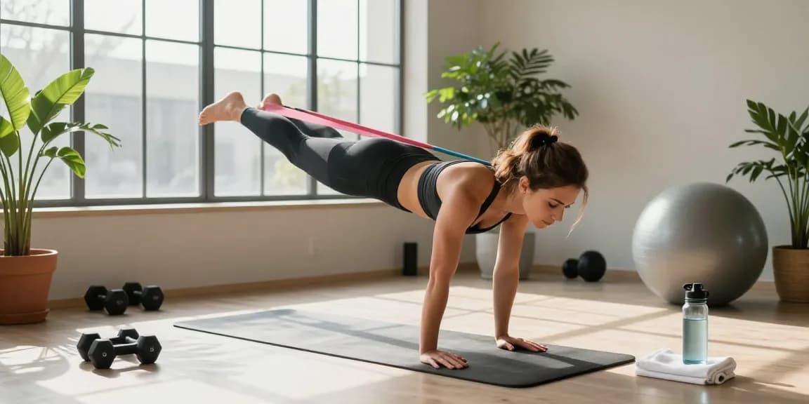 Active woman stretching with MOTS C benefits in a modern home gym filled with fitness equipment