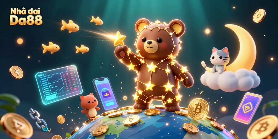 Experience thrilling fun at Nhà cái Da88 with vibrant 3D imagery of stars scooping coins and crypto elements.