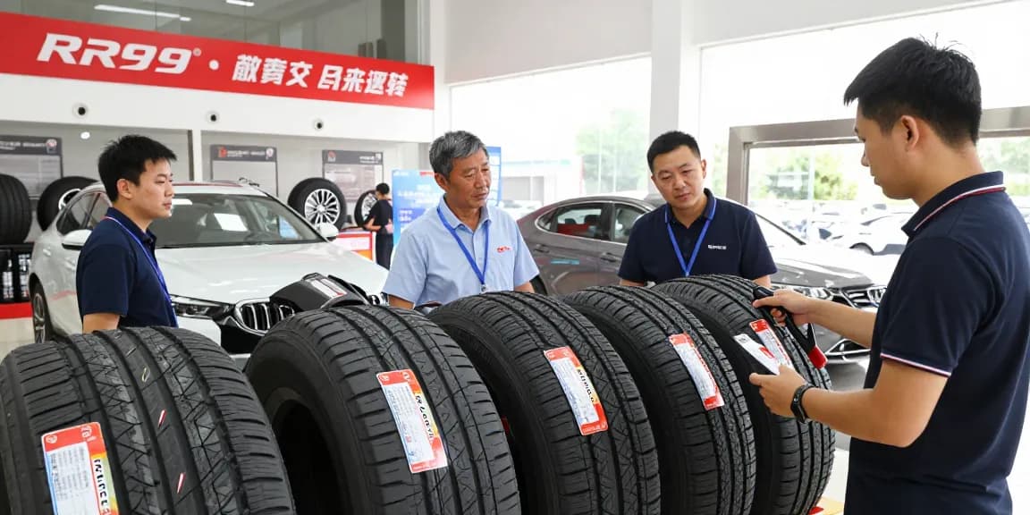 Double Coin RR99 tires showcased in a professional automotive showroom, highlighting their quality and features.