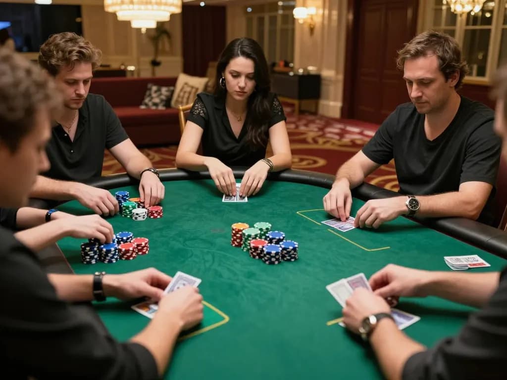 Players in a thrilling poker game at Lu 88 casino, showcasing strategic bets and colorful chips on the table.