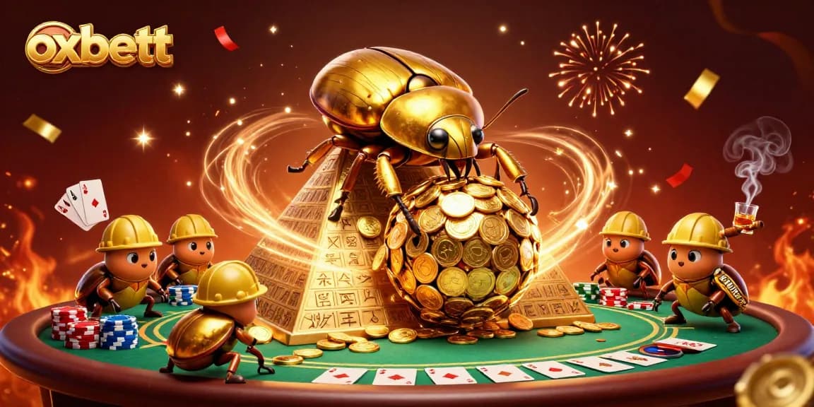 Experience the excitement of oxbett with 3D illustration of beetles rolling a gold coin ball, surrounded by poker elements.