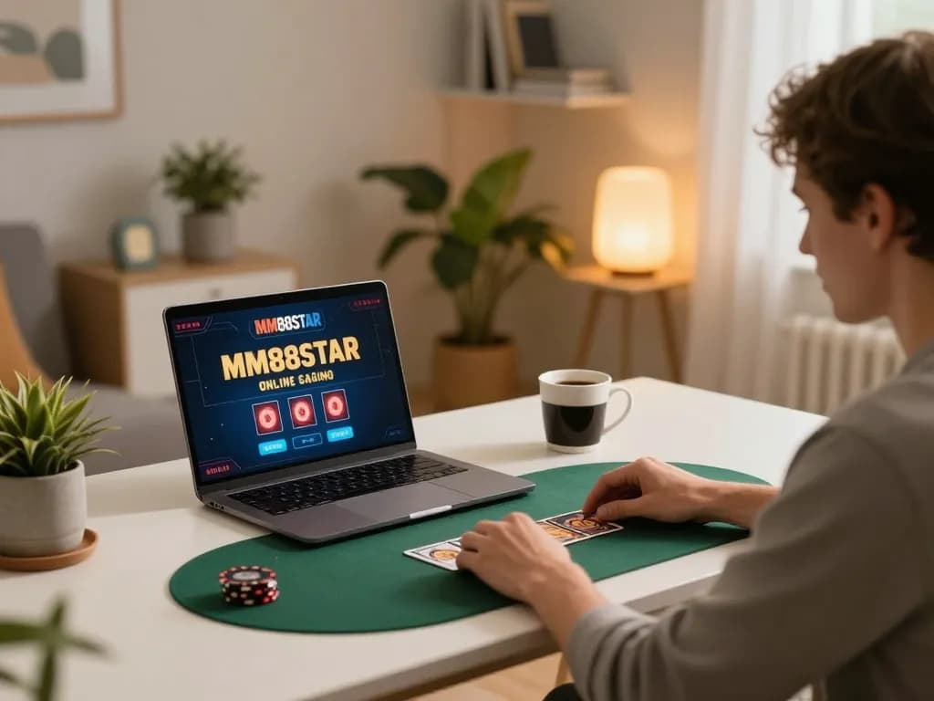 Player strategizing at home on MM88STAR online casino interface with laptop and drink