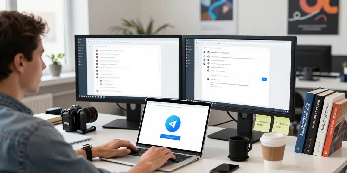Focused user downloading Telegram download on a laptop in a modern tech workspace.