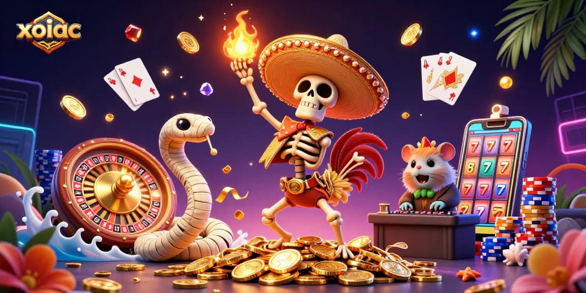 Catch thrilling moments at xoilac with our vibrant casino-inspired 3D illustration full of dynamic characters.