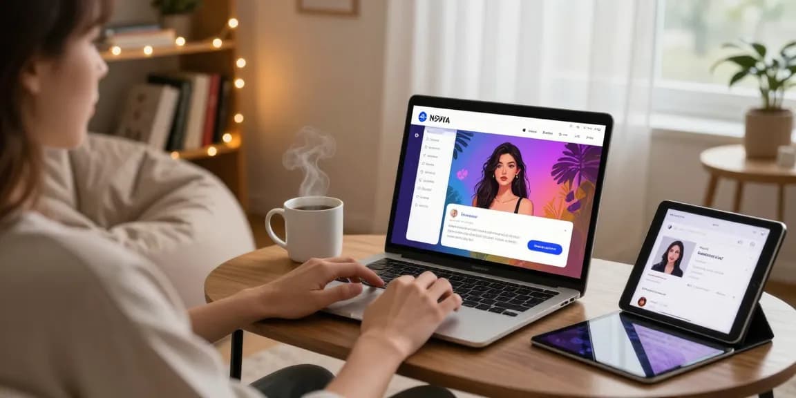 Engaging NSFW AI interaction in a cozy home office, showcasing personalized chat visuals.