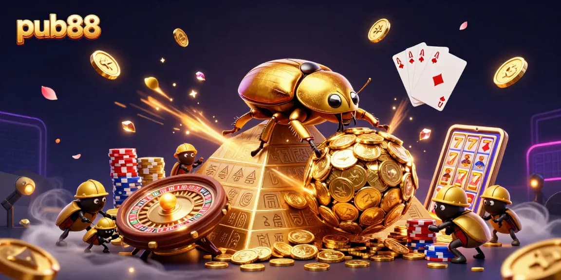 Spin and win at pub88 with golden coins and casino symbols in a vibrant 3D illustration.