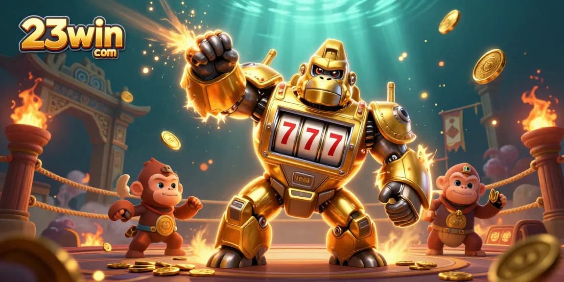 Experience the thrill of 23win com with a dynamic illustration of a golden gorilla mech and bonuses.