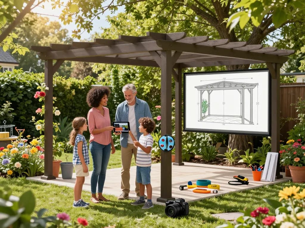 Family using the 3D Pergola Configurator in a garden, visualizing custom pergola design and dimensions.