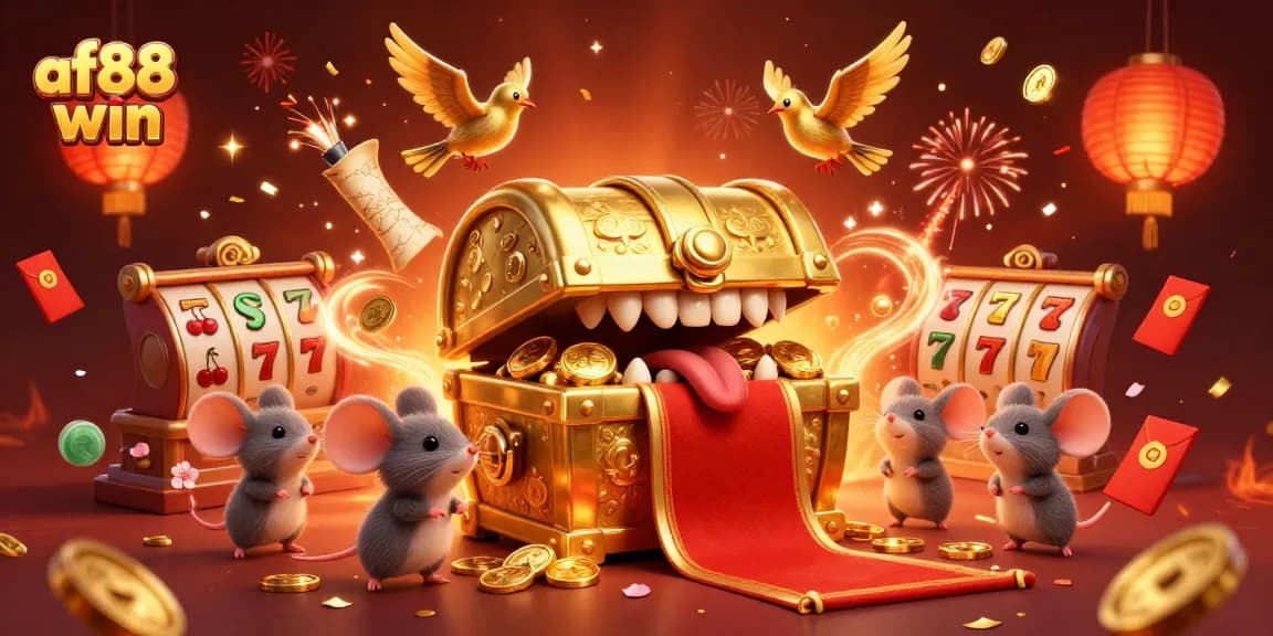 Win big at af88 win with this vibrant casino-themed illustration showcasing treasure chests and festive elements.
