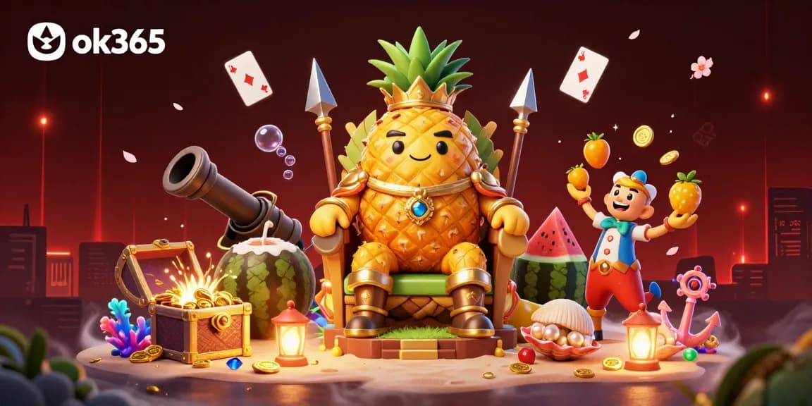 Enjoy a thrilling gaming experience at ok365 with a vibrant casino scene featuring a golden pineapple king and treasures!