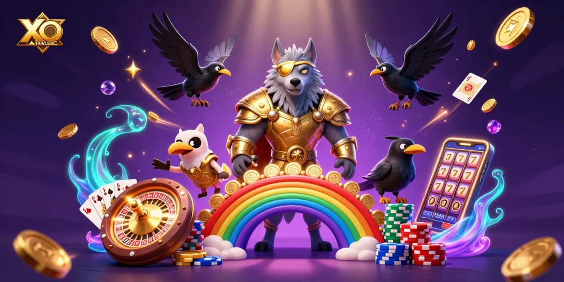 XOILAC showcases a vibrant 3D scene with mythological characters, casino elements, and dynamic gaming actions.