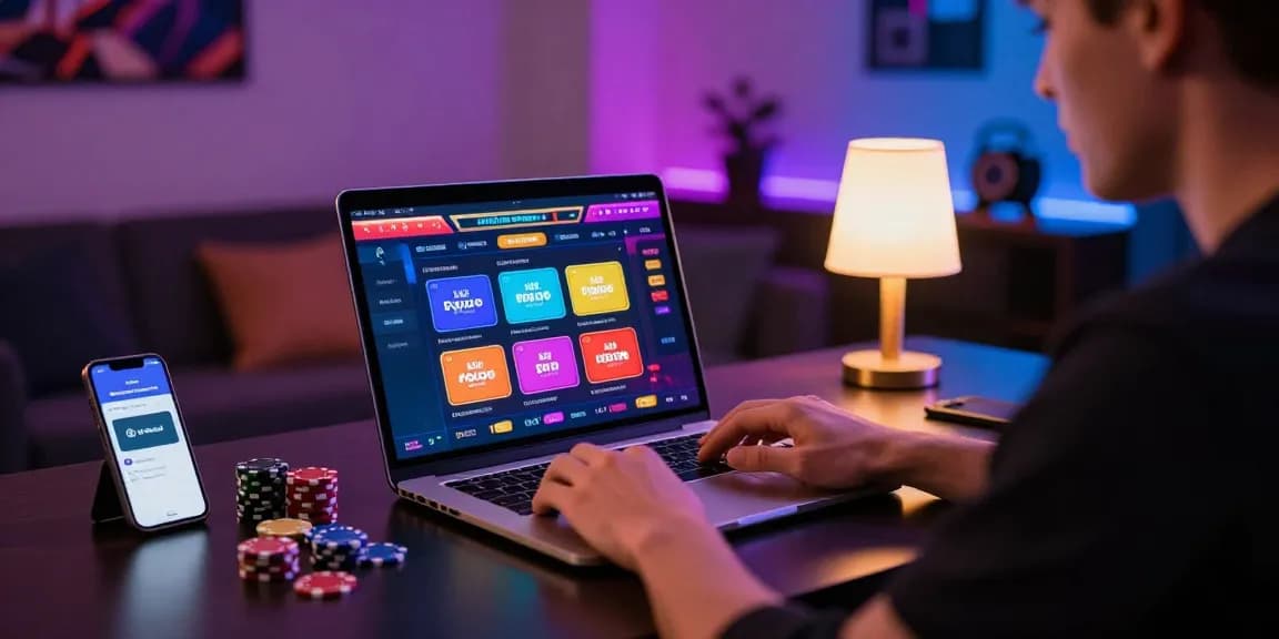 Online-Spieler genießt ein Paysafe Card Casino-Erlebnis mit lebhaftem Gaming-Setup und Laptop.