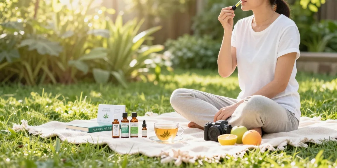 Ministry of Cannabis CBD oil among wellness items in tranquil garden setting.