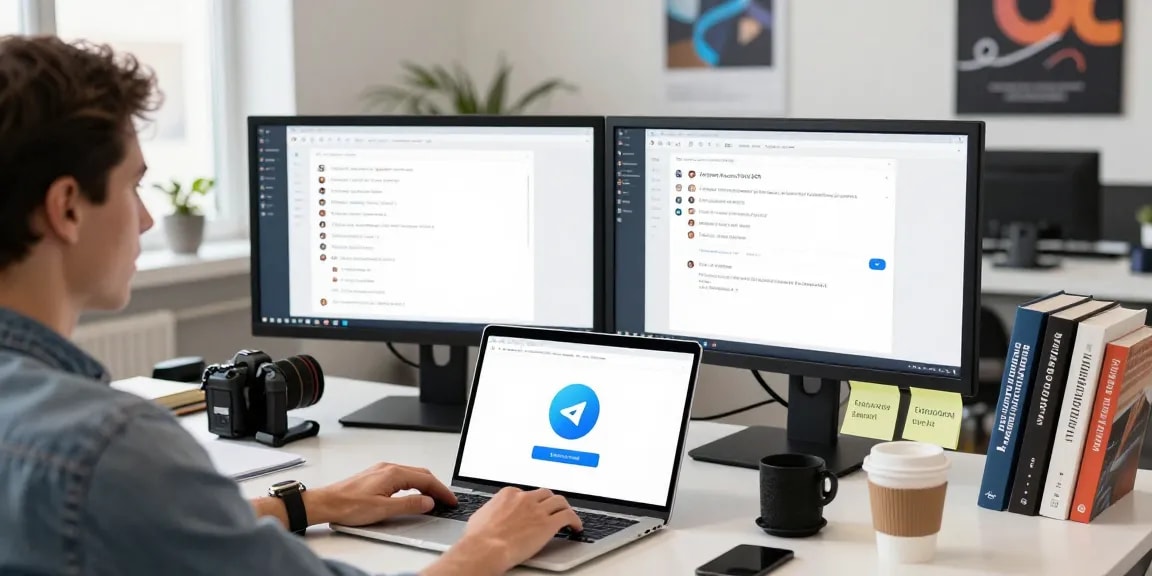 Focused user downloading Telegram download on a laptop in a modern tech workspace.