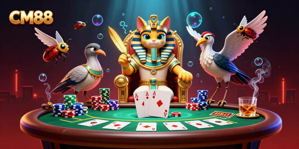 Join the excitement at CM88, featuring a dynamic poker scene with an Egyptian pharaoh cat and colorful poker chips.