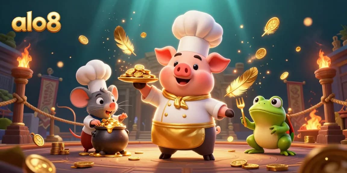 Experience thrilling adventures with alo8 as a chef pig serves gold coins surrounded by dynamic game elements and vibrant atmosphere.
