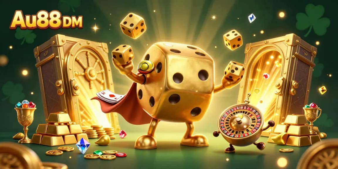Engage with Au88 DM's exciting 3D casino scene featuring golden dice and treasure elements.