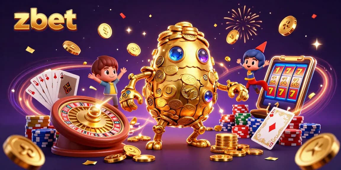 ZBet players enjoy exciting gameplay with golden golem surrounded by casino elements and dynamic slot action.