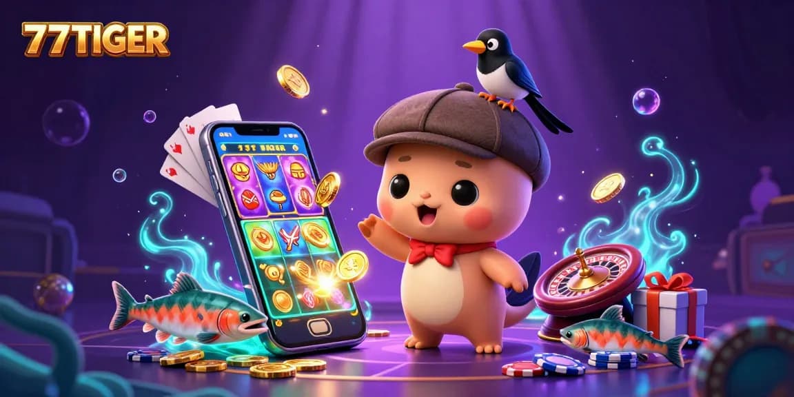 Play with the vibrant-themed 777TIGER casino, featuring cartoon characters and slot game action.