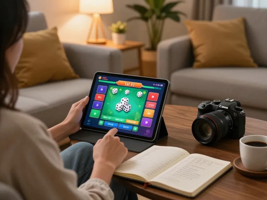 Player enjoying Tài Xỉu game on taixiuonlinego app in a cozy home setting, showcasing strategic betting.