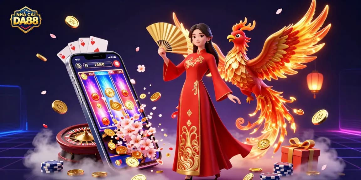 Engage with NHÀ CÁI DA88's dynamic 3D scene of gaming elements and beautiful characters, perfect for casino enthusiasts.