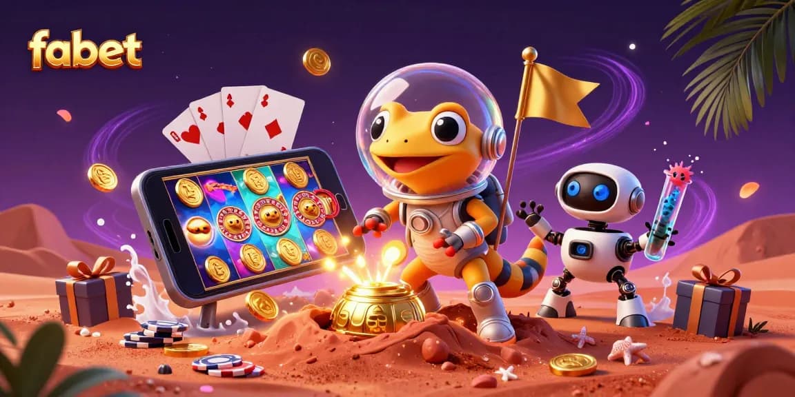 Experience fabet's thrilling gambling world with Martian gecko amidst vibrant casino elements.