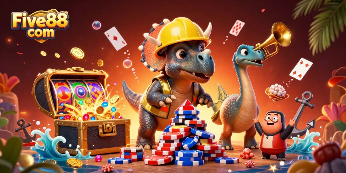 Experience excitement at Five88 com with vibrant 3D gaming elements celebrating wins and jackpots.