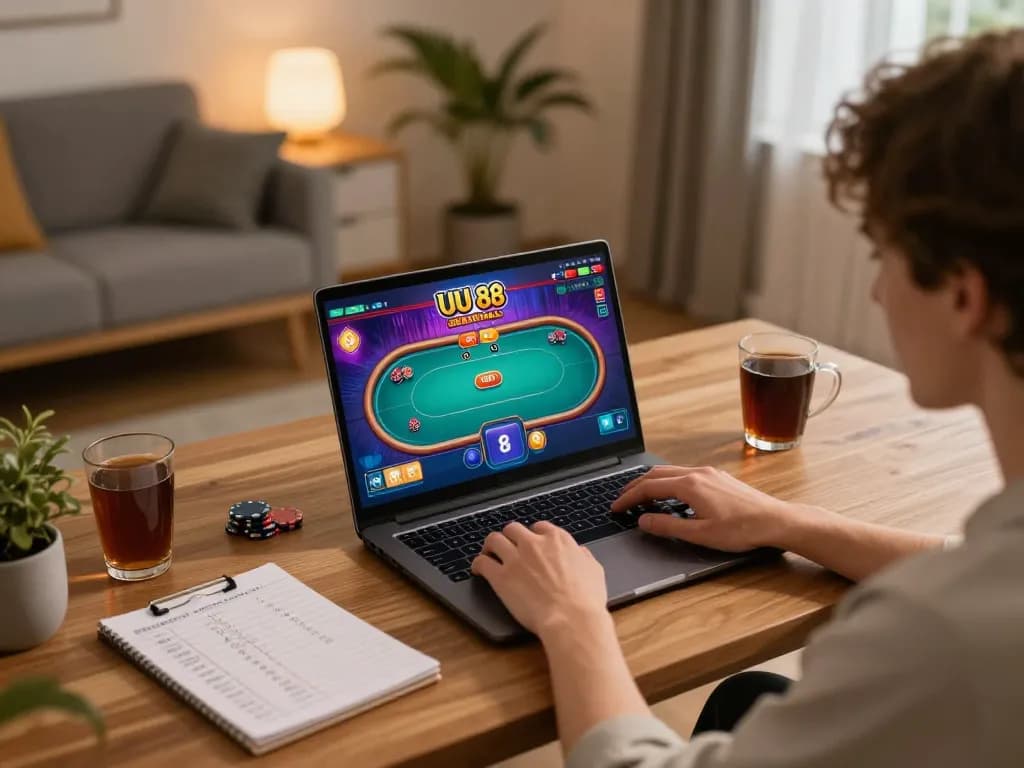 Engaged player using UU 88 online poker platform on a laptop for strategic gameplay and entertainment