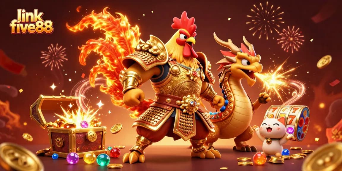 Experience the thrilling action of link five88 featuring a fighting rooster and dragon in a vibrant casino scene.