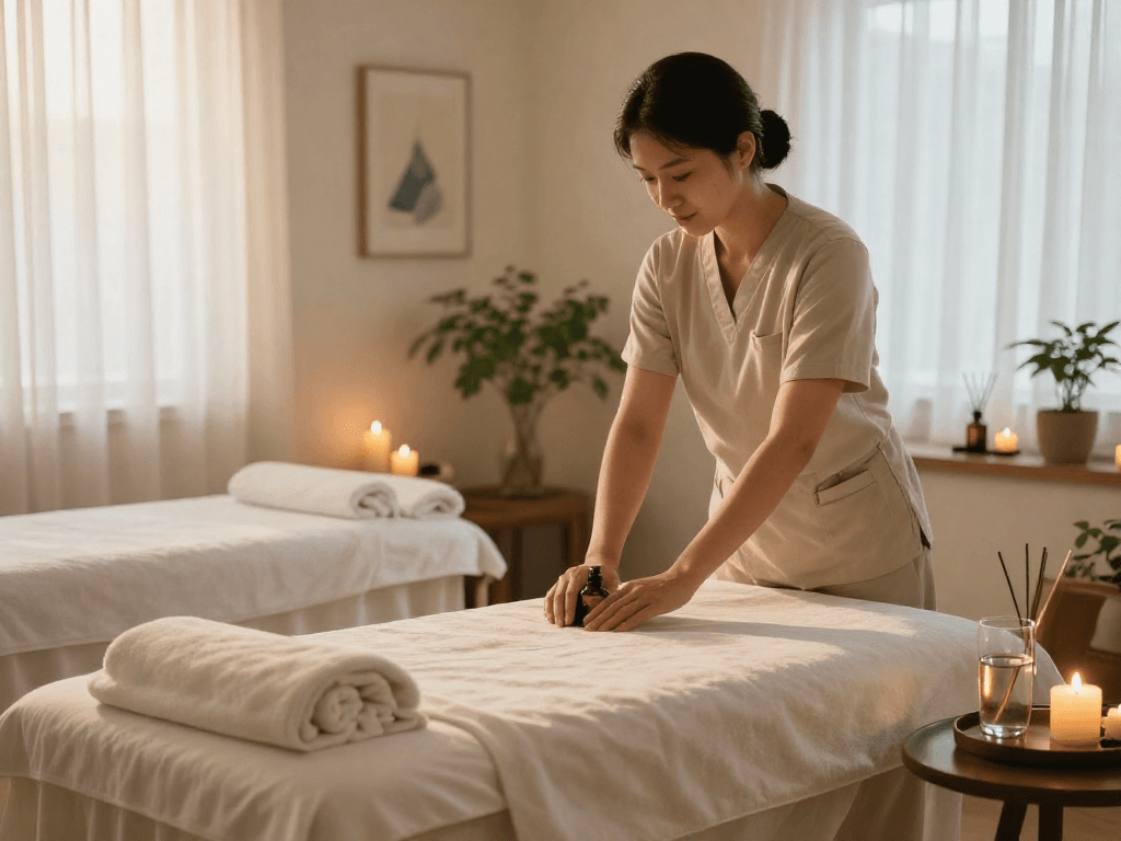 Calming massage therapy room set for 관악구출장안마 with soothing ambiance and wellness elements.