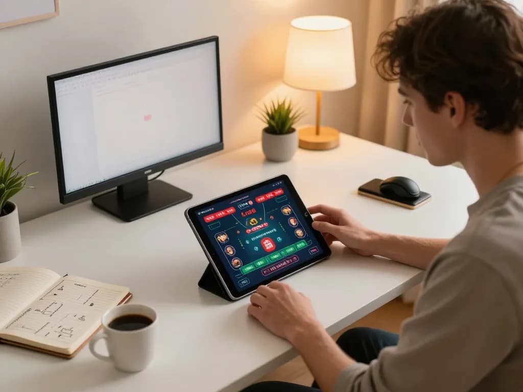 Player engaging in strategic gameplay at Lu 88 online casino, showcasing tablet interface and notes.