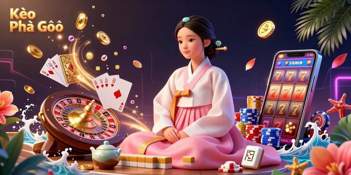 Kèo Phạt Góc gaming illustration showcasing a serene Asian woman amidst casino elements, depicting strategic betting excitement.