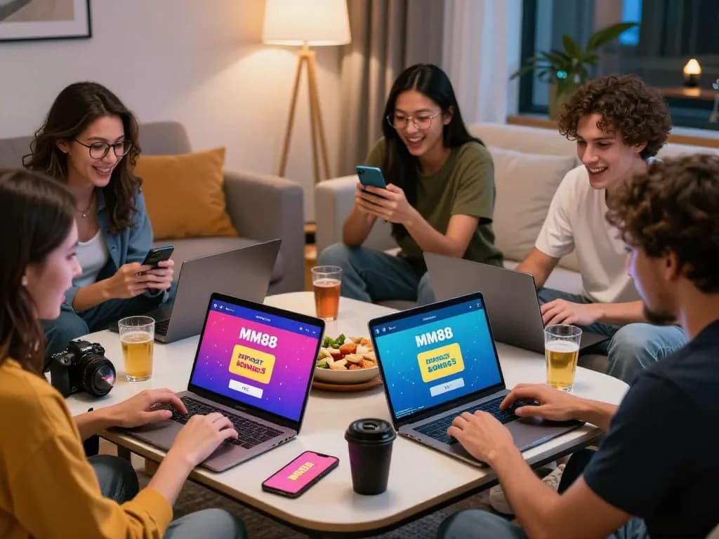 Friends enjoying online betting on MM88 platform in a cozy living room.