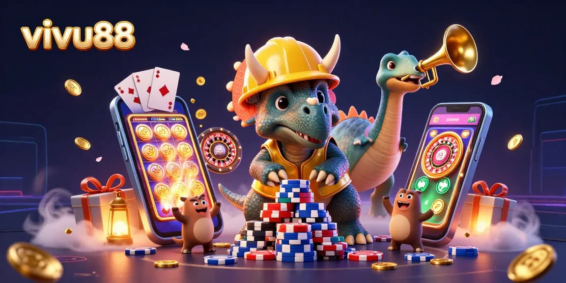 Experience poker chip building with vivu88 in a vibrant cartoon scene full of gaming excitement.