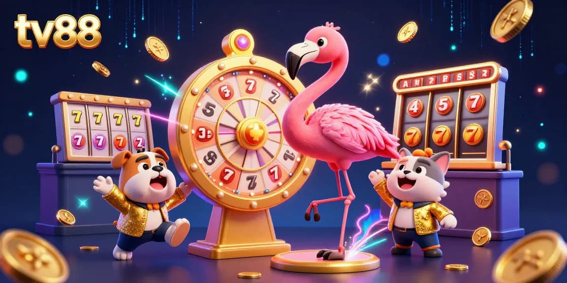 Engage with thrilling casino action at tv88 featuring a cartoon flamingo host, bulldog contestant, and vibrant prize wheel.