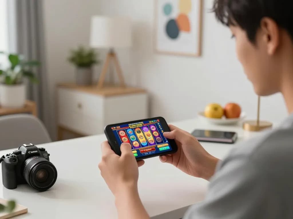 Player experiencing thrilling slot pulsa action on smartphone in a modern home setup
