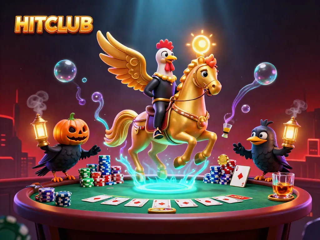Engage in thrilling gameplay at HITCLUB casino with dynamic poker elements and vibrant neon atmosphere.