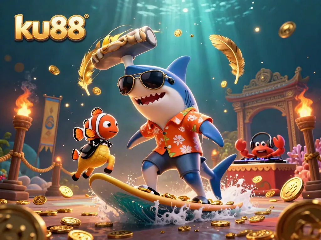 Engage with the exciting world of ku88, where a shark and colorful characters celebrate interactive gaming amidst gold coins.