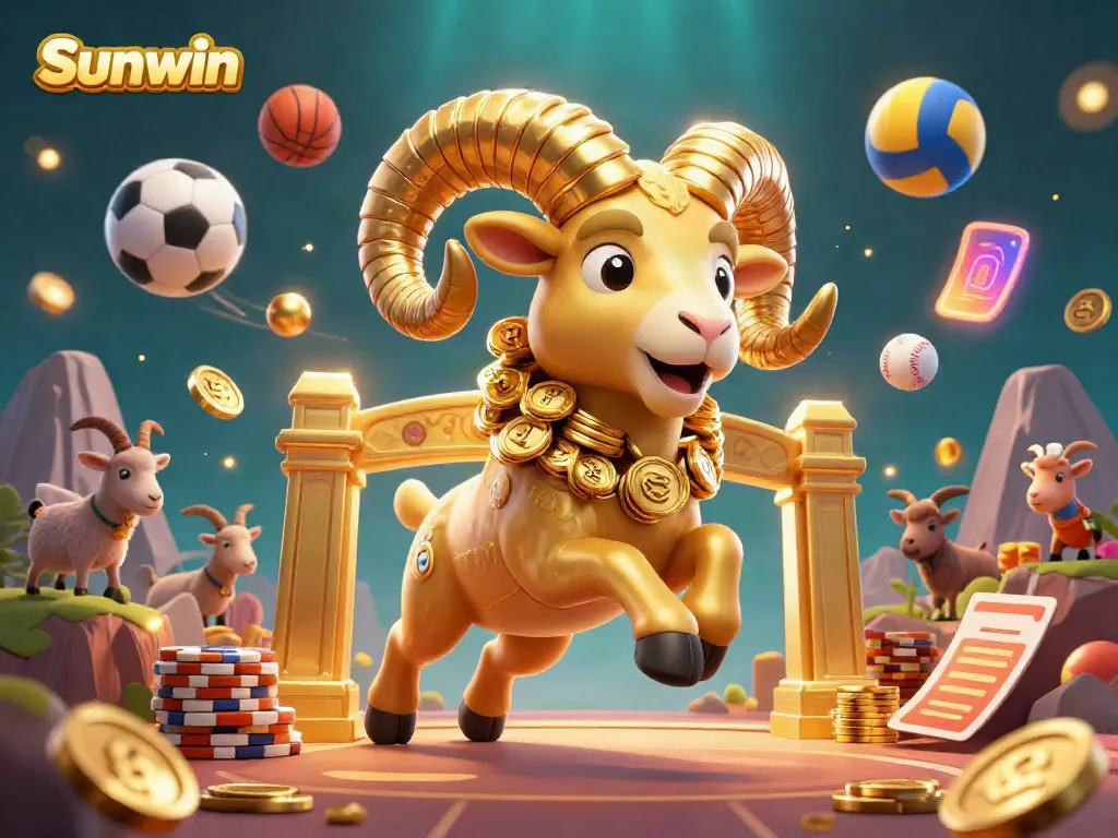 Engage in thrilling gaming with Sunwin's animated golden ram and dynamic casino elements.