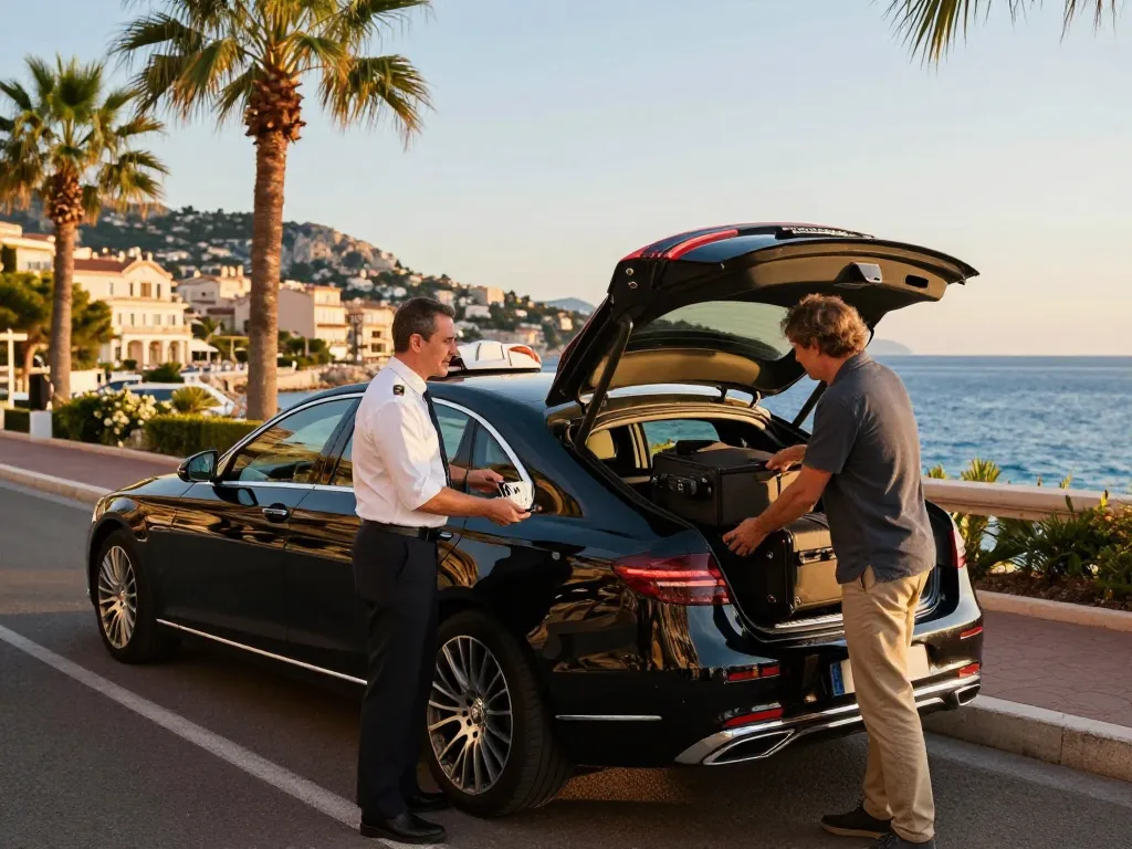 Service de taxi luxueux à Saint-Tropez, mettant en avant le chauffeur et le client au bord de la Méditerranée.