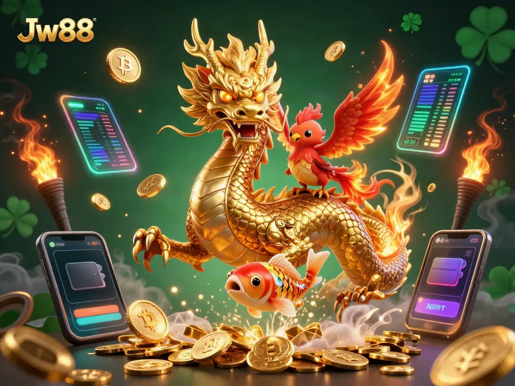 Experience thrilling Jw88 casino magic with a dazzling 3D fantasy scene featuring a dragon, phoenix, and koi fish.
