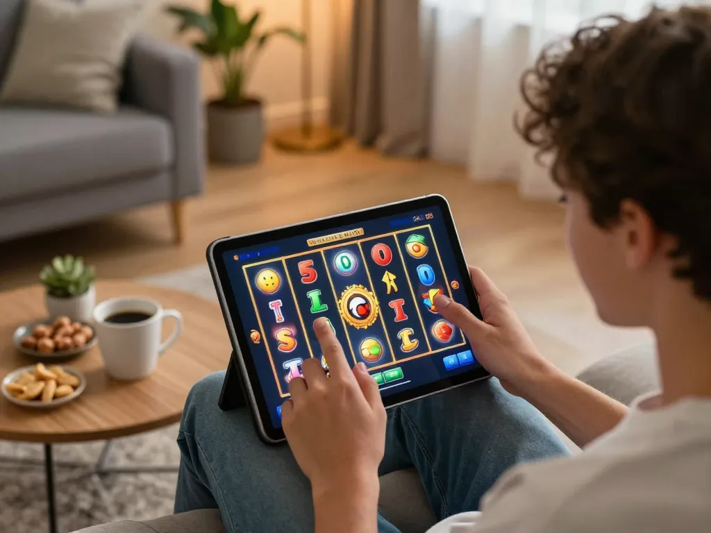 Playing exciting online slots on a tablet, showcasing 888b gaming experience in a cozy home setting