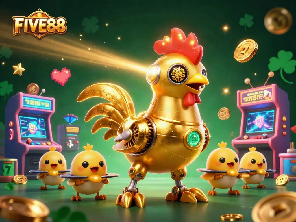 Engage with FIVE88's vibrant casino universe featuring a retro-futuristic golden rooster robot.