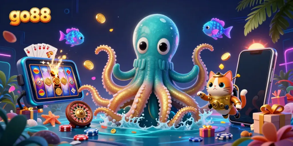 Win big at go88 with captivating slots and adventures in this vibrant gaming world illustration.
