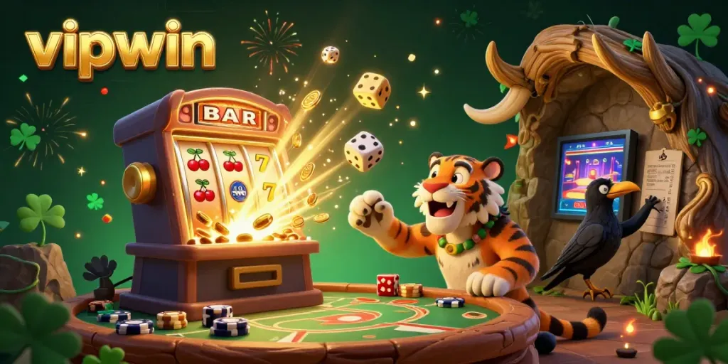 Experience thrilling gambling action at vipwin with a vibrant prehistoric casino scene.