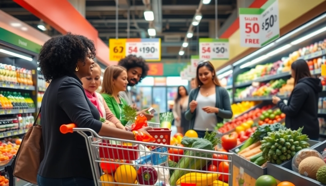 Explore grocery savings techniques while shopping in a vibrant market setting.